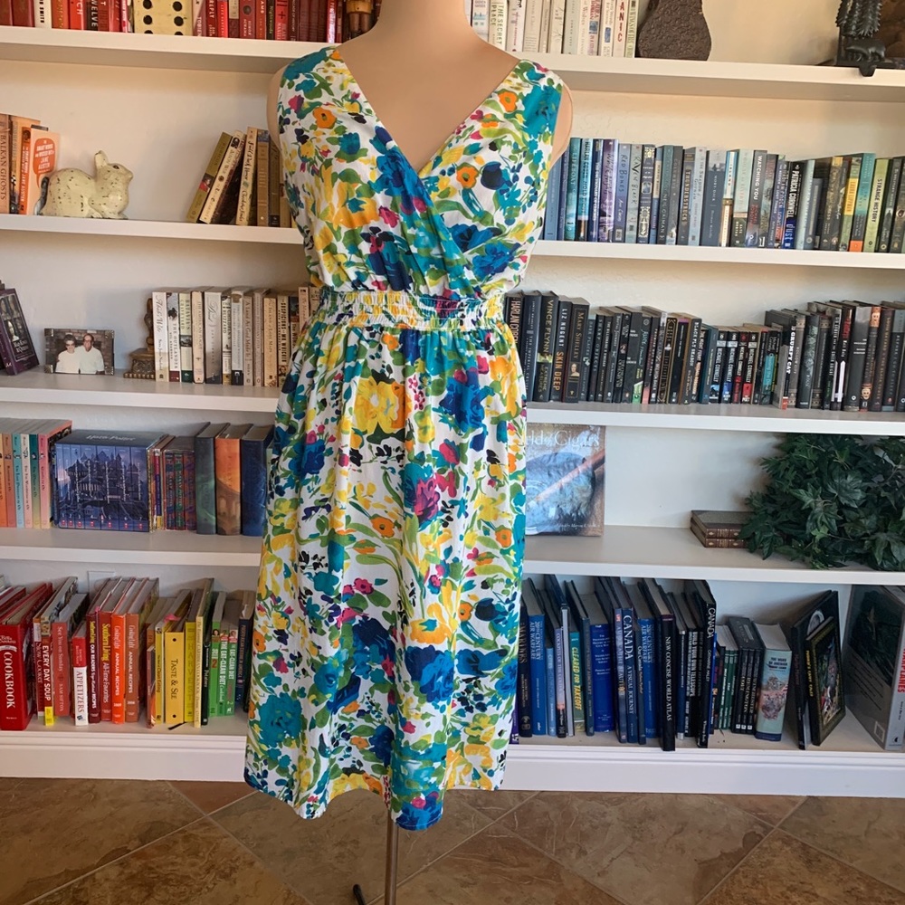 Avenue Sleeveless Wrap Top Vibrant Watercolor Floral Fit and Flare Cotton Dress